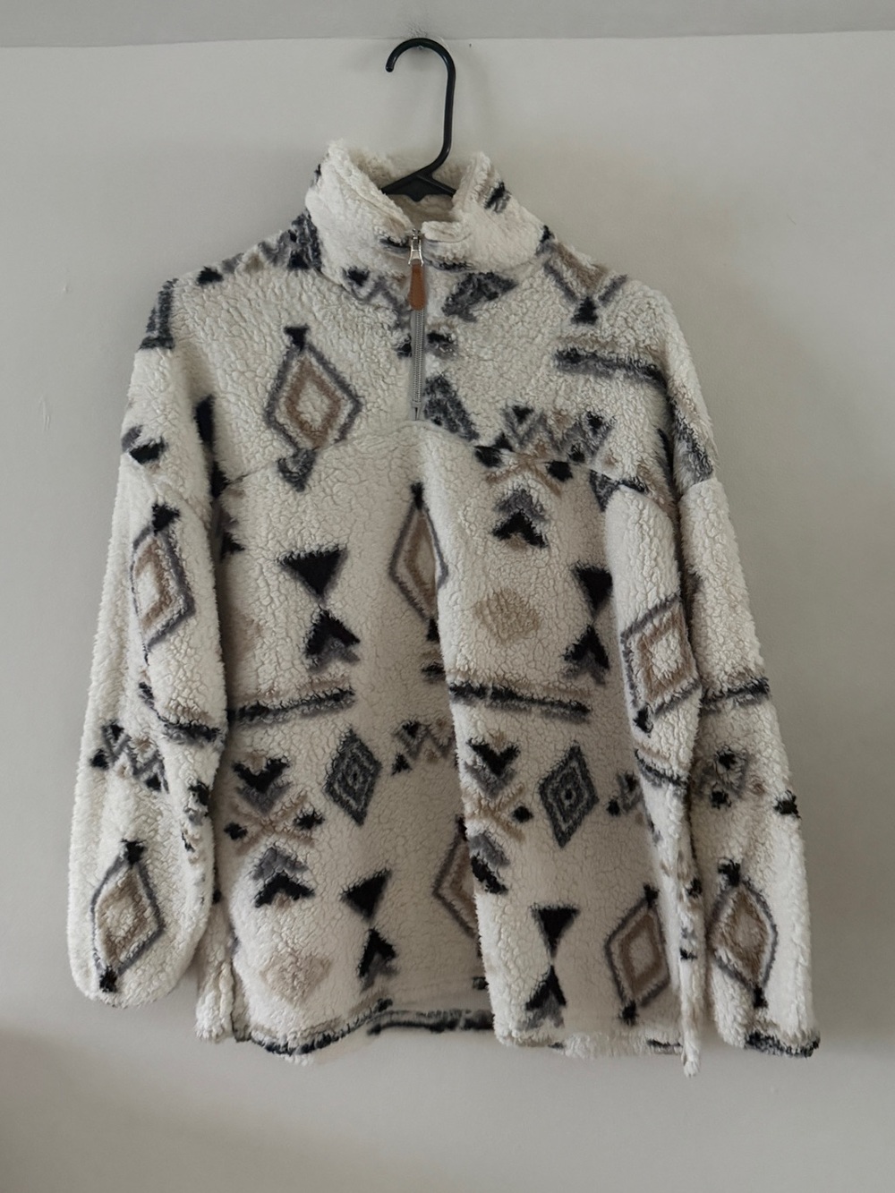 Ivory Aztec Sherpa Quarter-Zip Pullover Sweater